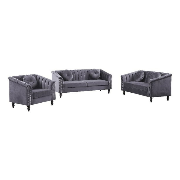 Jessica 3 Pieces Gray Microfiber Living Room Set Modern Velvet Sofa Set