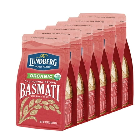 Lundberg Family Farms - Organic California Brown Basmati Rice, Pleasant Aroma, Won't Clump When Cooked, High Fiber, 100% Whole Grain, USDA Certified Organic, Gluten-Free, Non-GMO, 32 Ounce (Pack of 6)