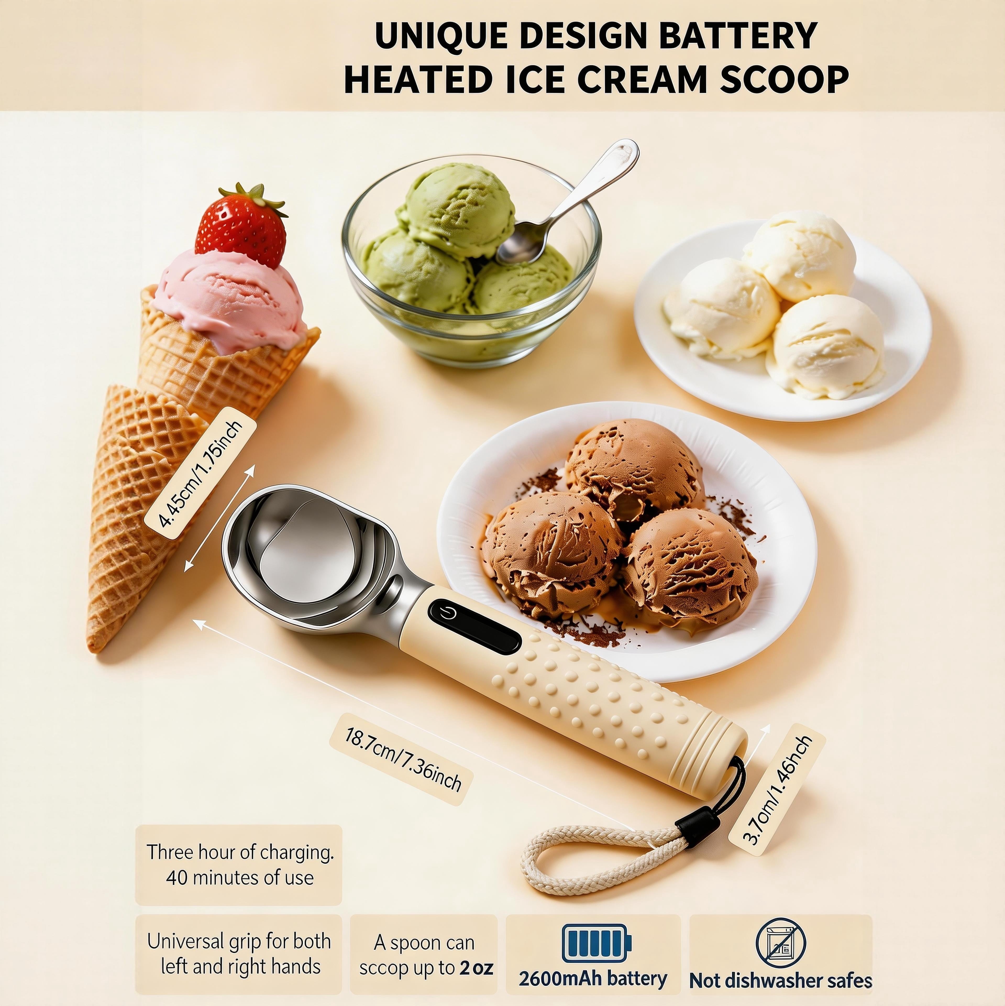 Electric Heated Ice Cream Scoop, Fast Heating, Rechargeable with LED Monitor, Waterproof Stainless Steel Metal Ice Cream Scoop with USB-C Charging