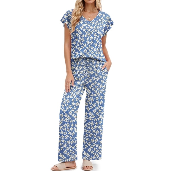 Fantaslook Flower Womens Pajamas Sets Two Piece Casual Lounge Sets Ruffle Sleeve Tops Wide Leg Pants with Pockets Summer Sleepwear Travel Outfits