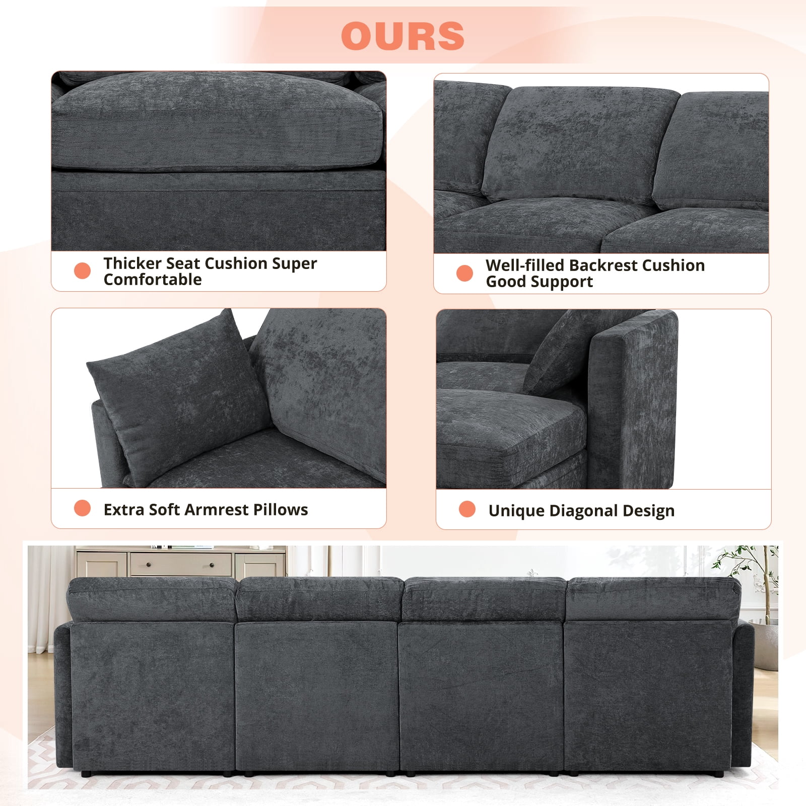 ACMEASE 110” Chenille 4 Seats Sofa W/2 Movable Ottoman, Modern Fabric U-Shaped Couch with Soft Backrest, Upholstered Sectional Sofa with Armrest Pillows for Living Room, Office, Gray