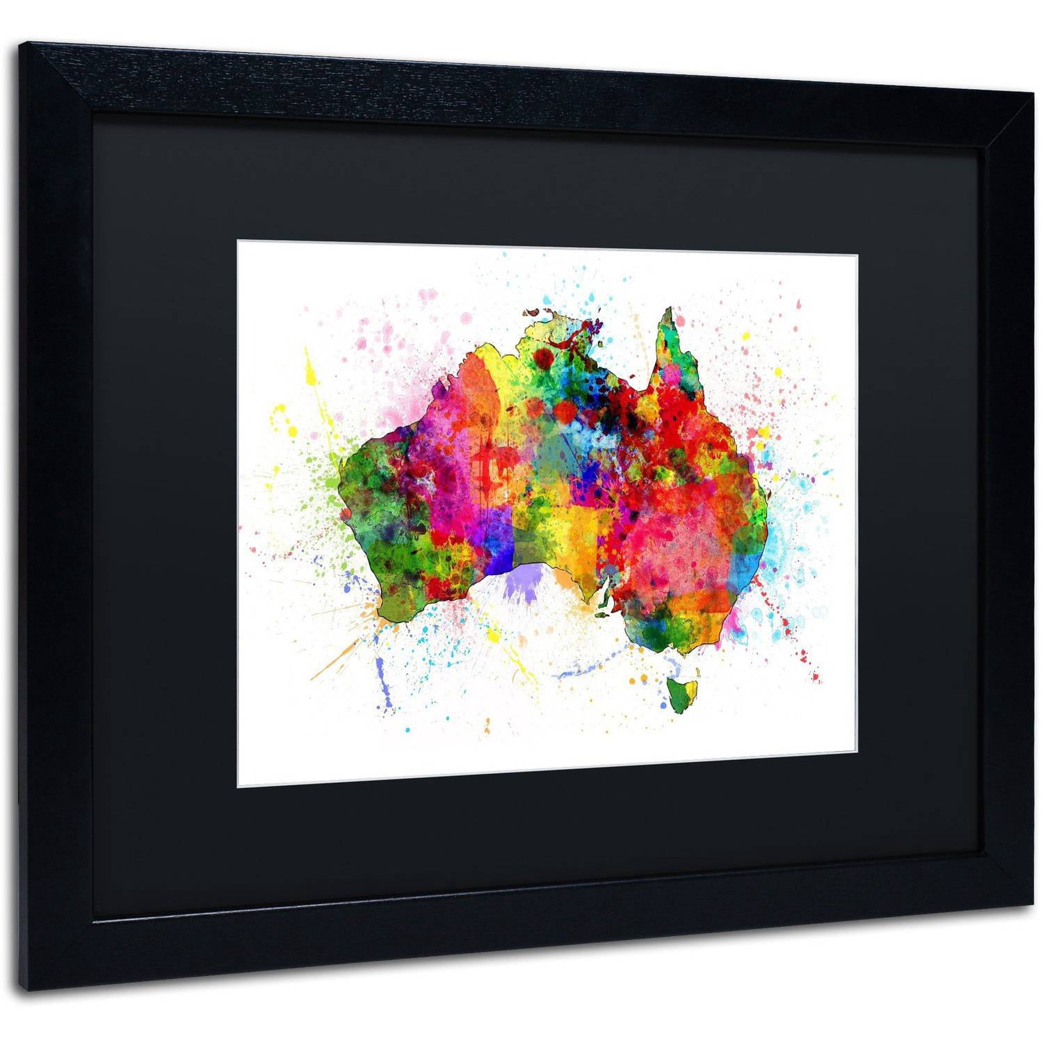 Trademark Fine Art 'Australia Paint Splashes Map' Canvas Art by Michael Tompsett, Black Matte, Black Frame