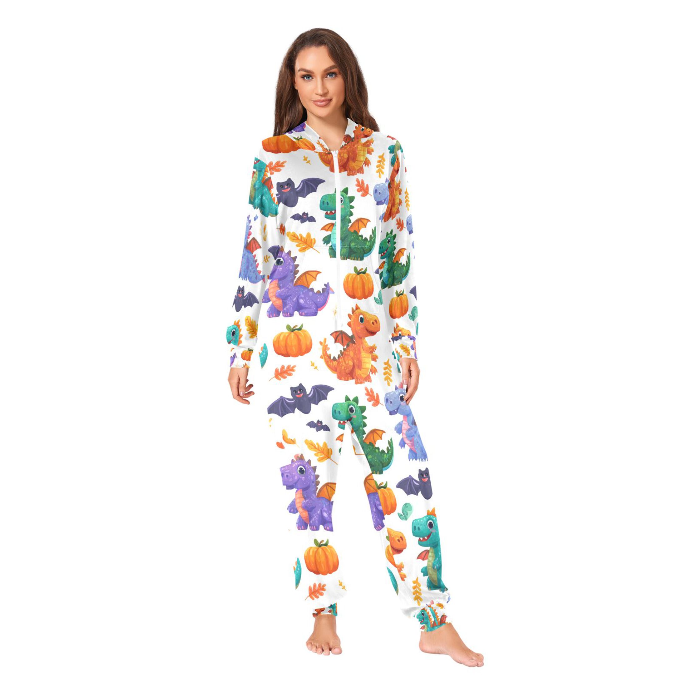 Adult Christmas Onesie Cute Cartoon Dinosaur Adult Zipper One-Piece Pajamas Unisex Pajamas with Pockets