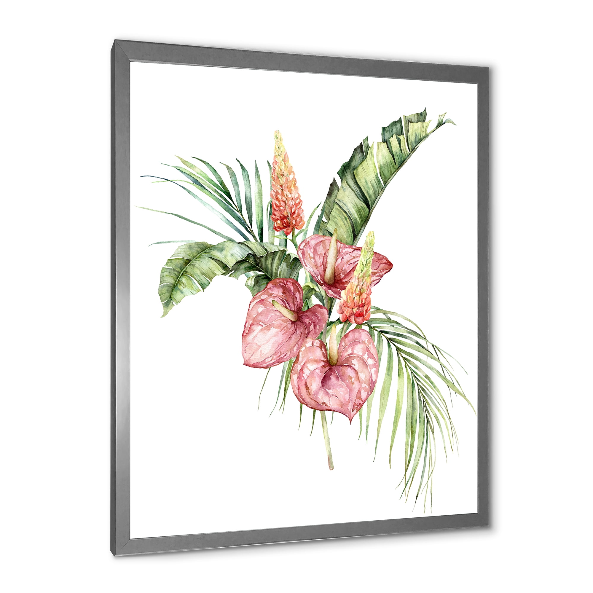 Designart 'Tropical Bouquet With Anthurium Lupine and Leaves On White II' Traditional Framed Art Print
