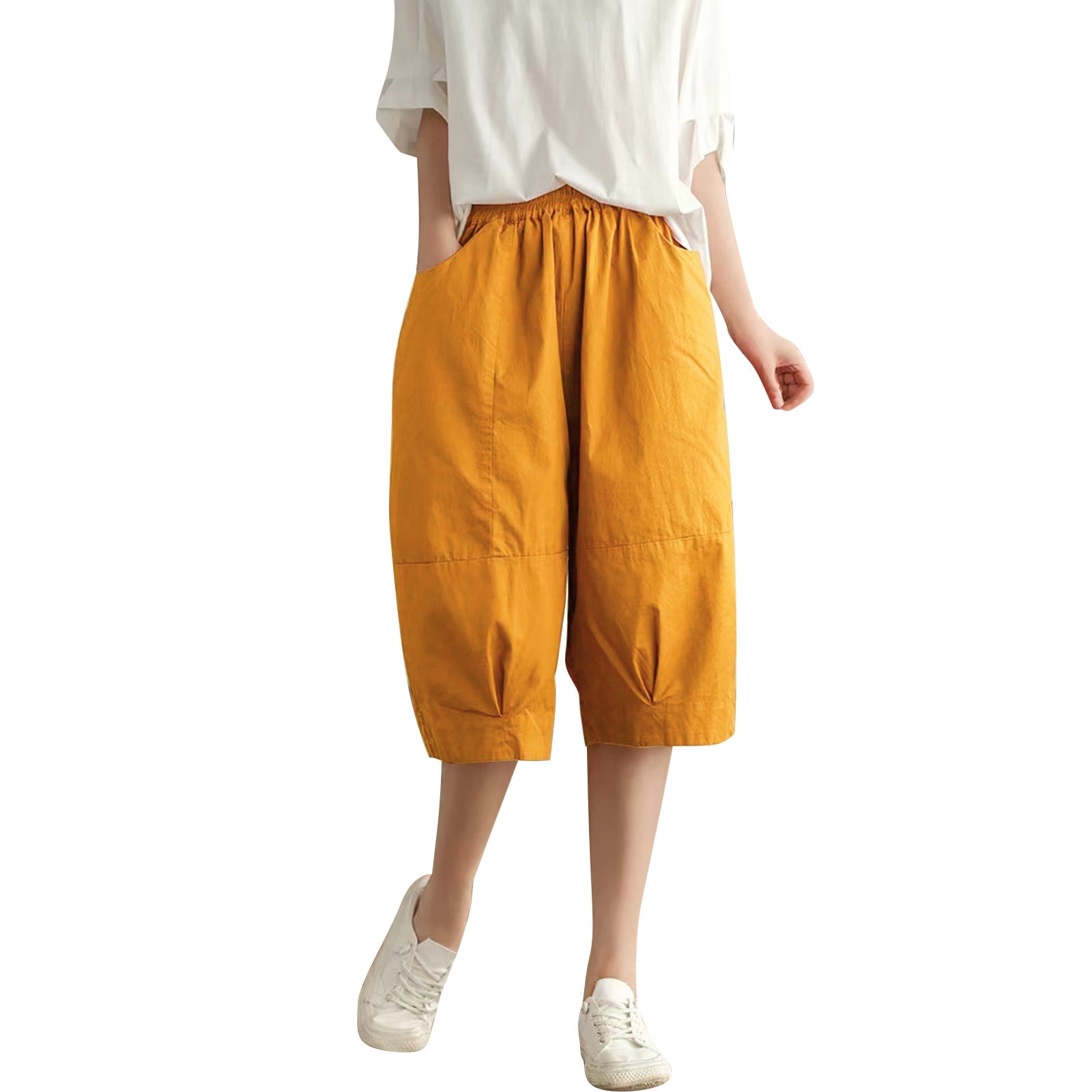 PMUYBHF Jean Shorts Womens Stretchy Waist Solid Color Summer Wide Leg