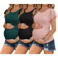 thumbnail image 3 of EKOUAER Womens Maternity Shirts 3 Packs Side Ruched Pregnancy Tee Top Flying Short Sleeve Tunic Blouse Mama Clothes Caramel/Black/Pink, 3 of 4
