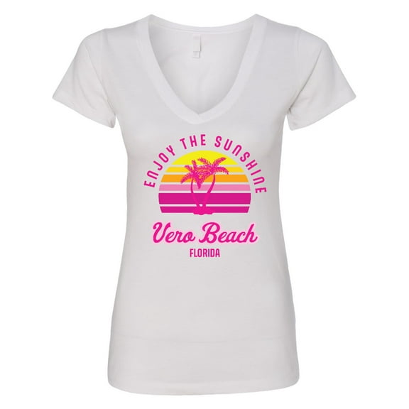 Inktastic Summer Enjoy the Sunshine Vero Beach Florida in Pink Women's V-Neck T-Shirt