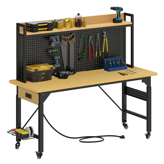 Dextrus Adjustable Workbench with Pegboard,Heavy Duty Steel Work Bench with Lockable Wheels
