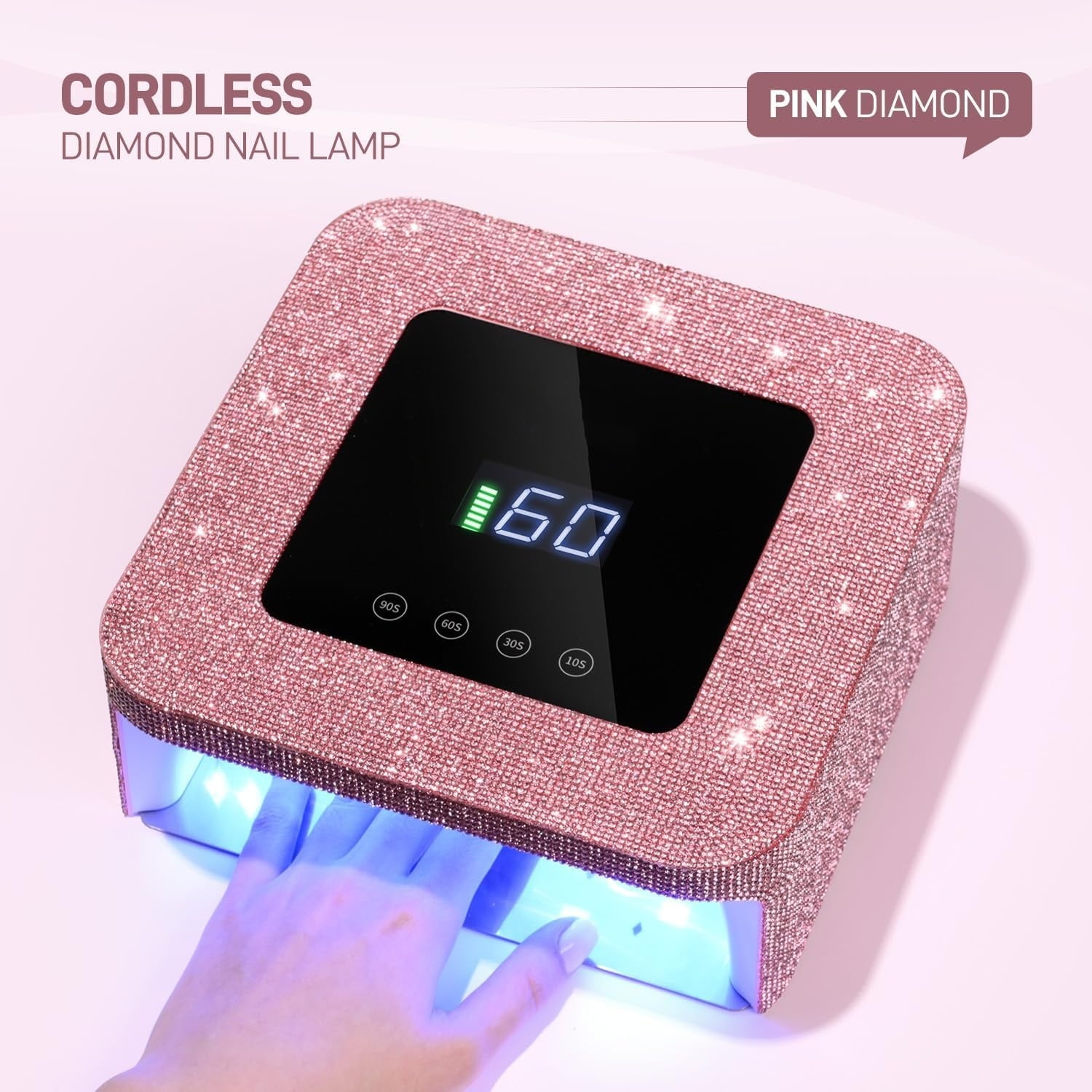 Cordless UV LED Nail Lamp for Gel Nails, Rechargeable UV Light, Professional Nail Dryer with 4 Timers, Automatic Sensor and Sensitive Mode for Fast Curing, Pink Diamond