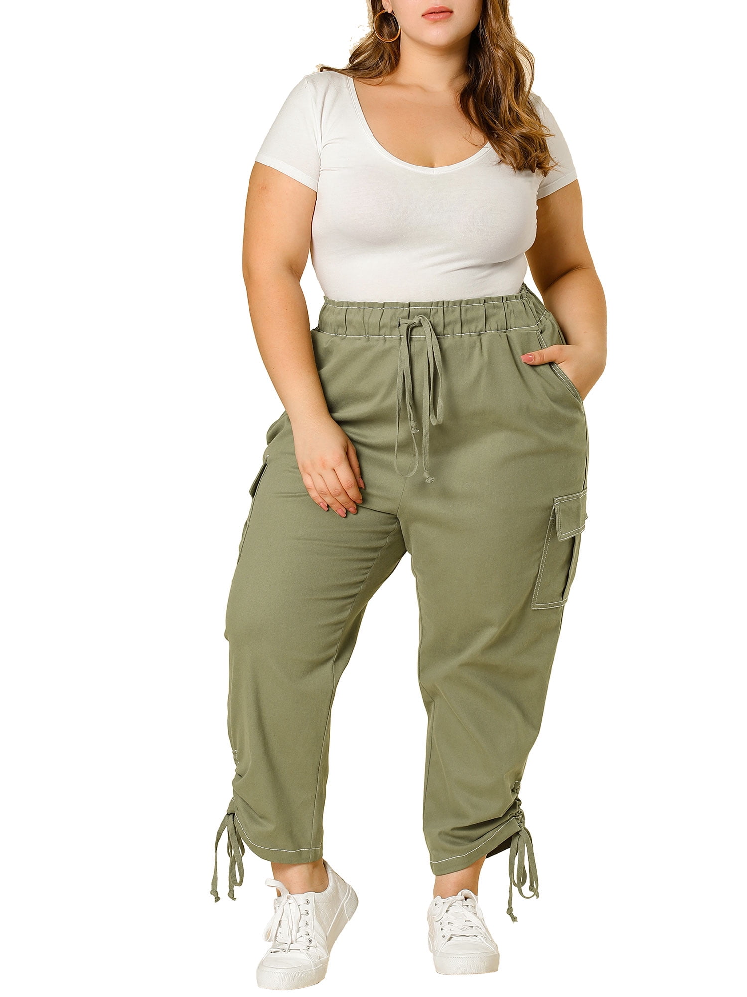 Plus Size Cargo Pants for Women High Waist Drawstring Elastic Waist 4X Army Green