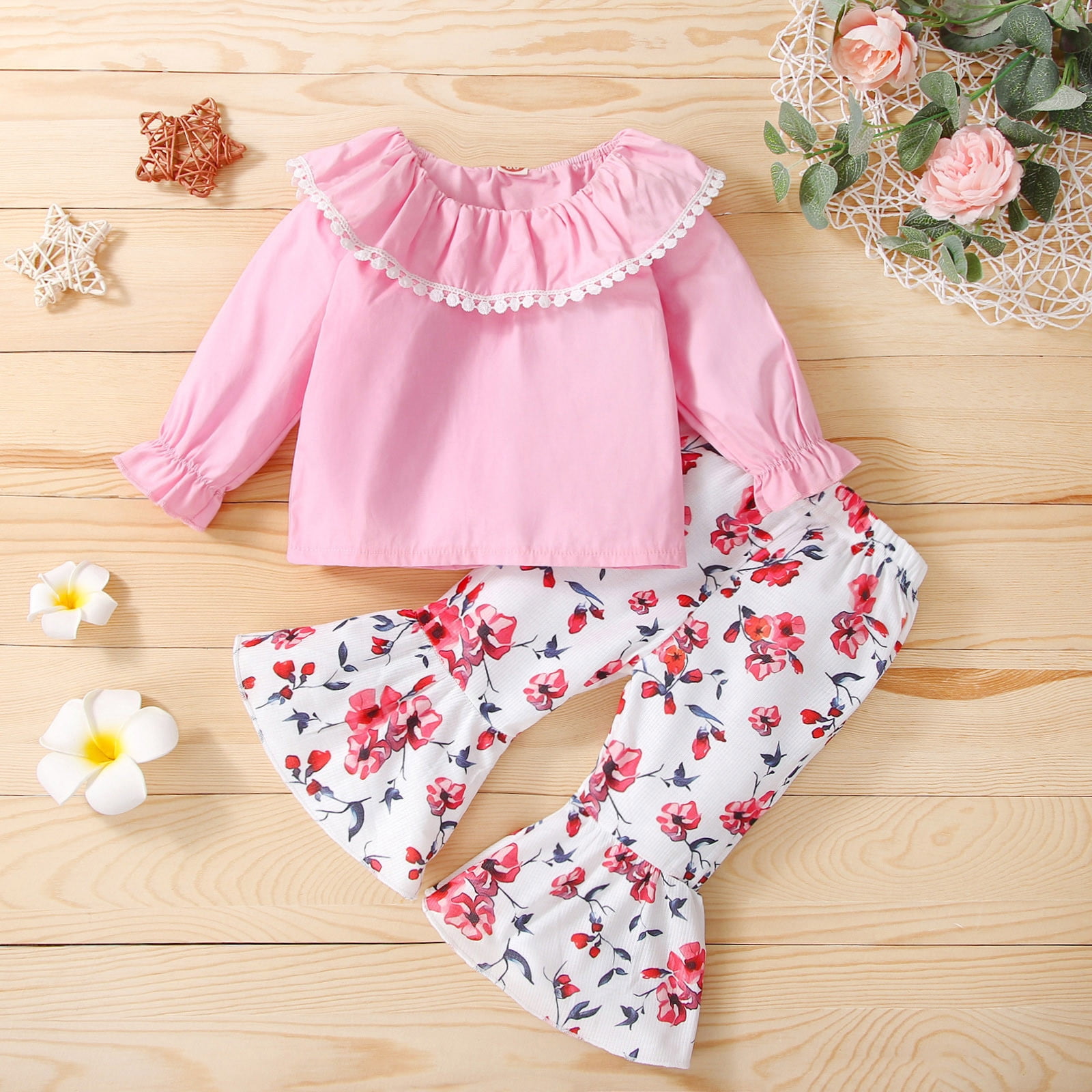 2-piece Kid Girl Long-sleeve Yellow Tee and Ruffled Floral Print Overall Dress Set