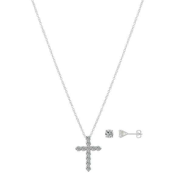 Believe by Brilliance Women's Fine Silver Plated Cubic Zirconia Cross Pendant Necklace and Stud Earring Set, 18 2" Extender
