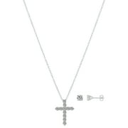 Believe by Brilliance Women's Fine Silver Plated Cubic Zirconia Cross Pendant Necklace and Stud Earring Set, 18+2" Extender