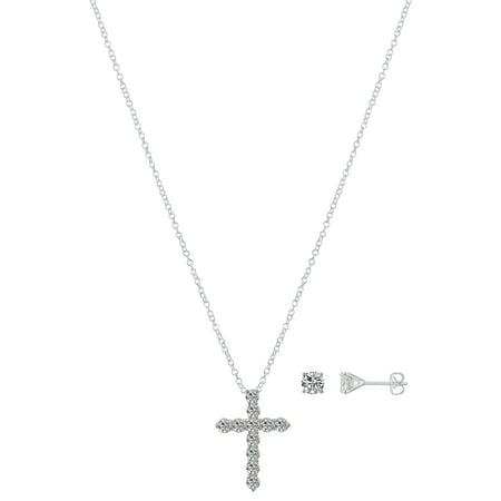 Believe by Brilliance Women's Fine Silver Plated Cubic Zirconia Cross Pendant Necklace and Stud Earring Set, 18+2" Extender