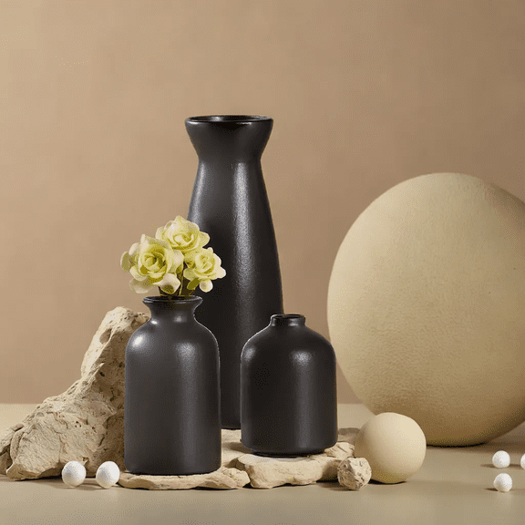 Set of 3 Black Ceramic Vases - Classic Styling  Vases - Set of 3 White Minimalist Ceramic Vases - Elegant Flower Vase For Home Decor & Banquet Decor