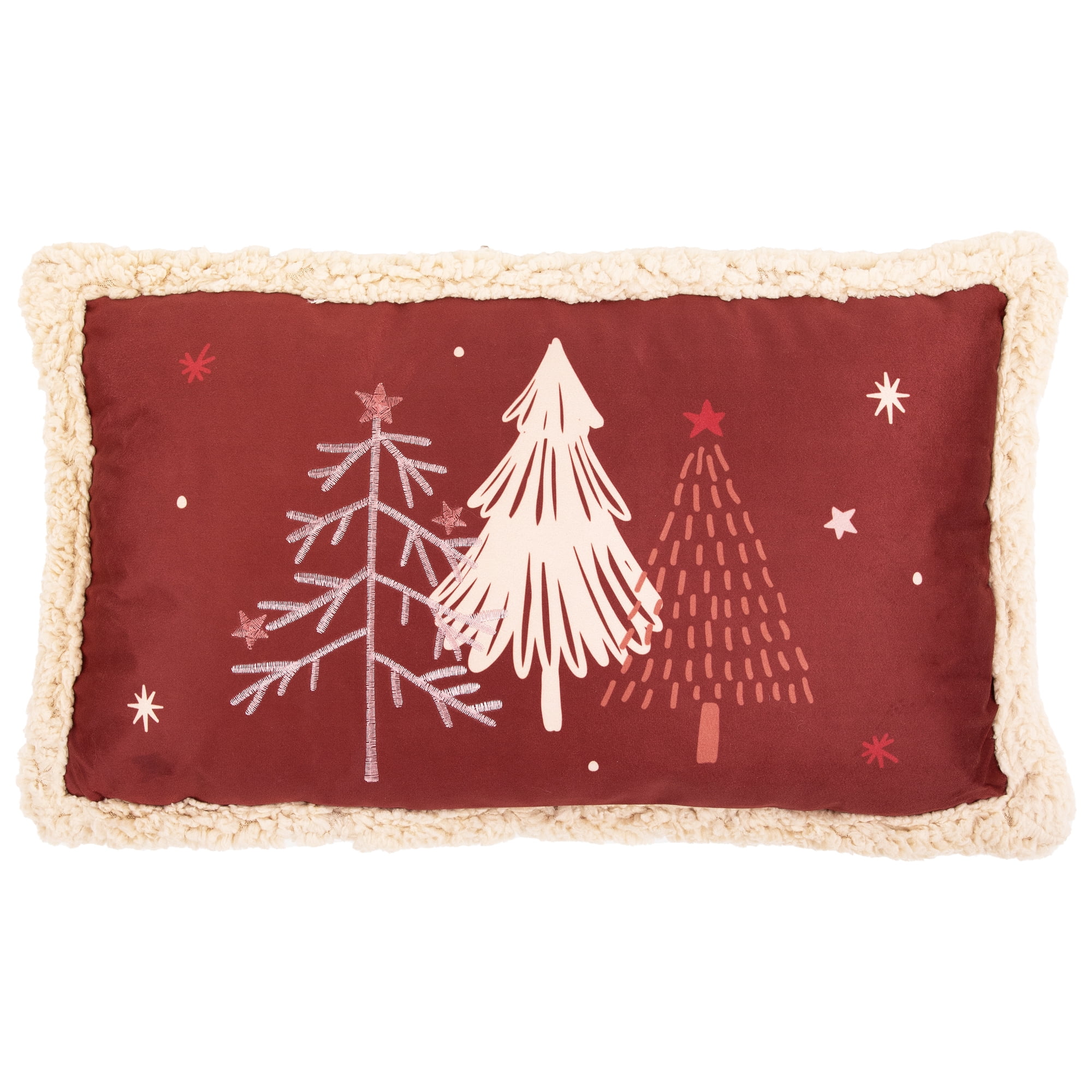Trees and Stars Christmas Throw Pillow - 22" x 13" - Burnt Sienna Red and Beige