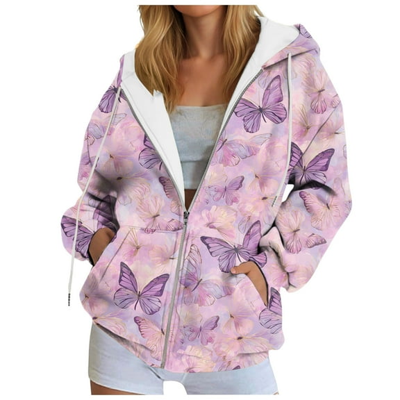 Xudanell Womens Zip up Hoodies Butterfly Print Womens Sweatshirt Clothes Winter Jackets with Zipper Everyday
