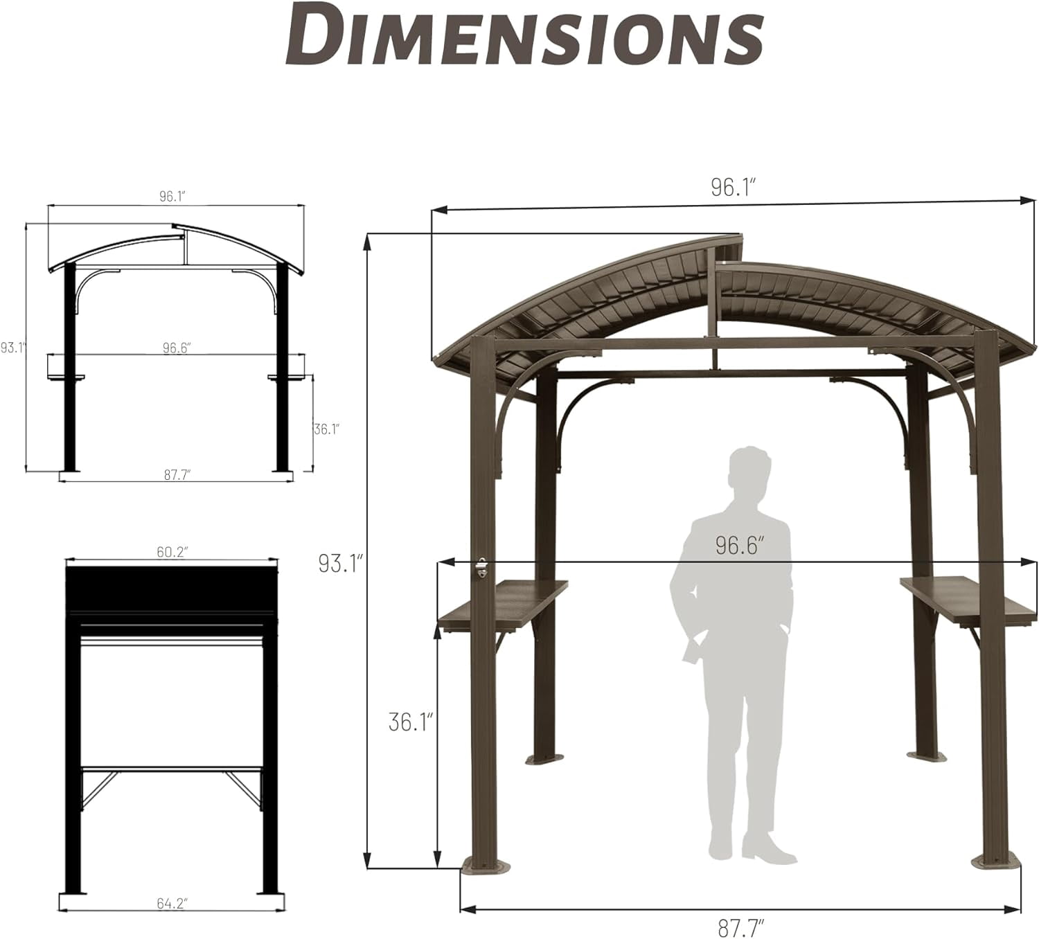 Domi Outdoor Living Hardtop Grill Gazebo 8x5FT, Grill Canopy for Outdoor Grill w/Double Galvanized Steel Roof and 2 Side Shelves, BBQ Gazebo Grill Tent for Patio Garden Backyard, Brown
