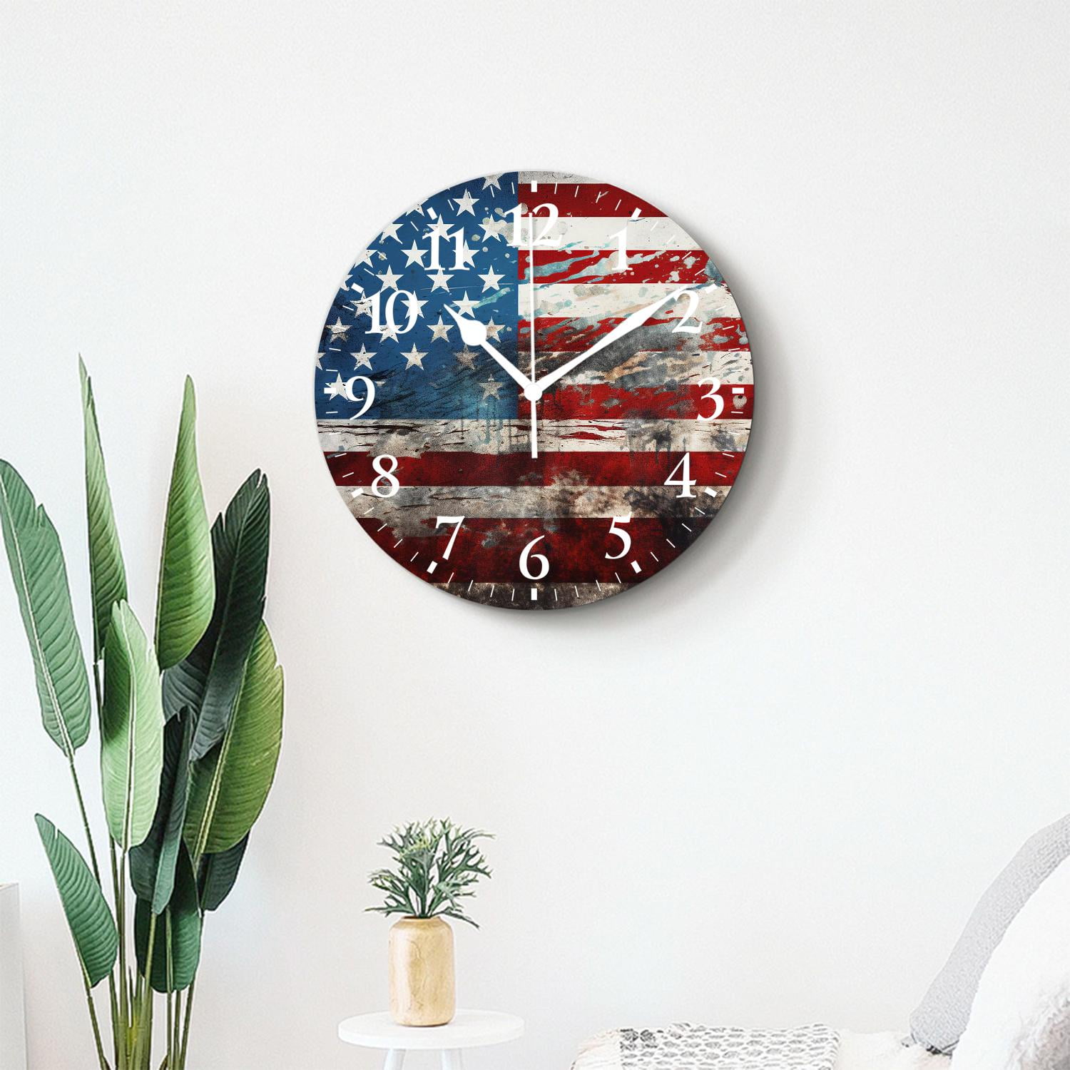 14 Inch Wall Clock Battery Operated Silent Clock Decorative for Office, Kitchen, Outdoor, Living Room，Vintage American Flag Multicolor