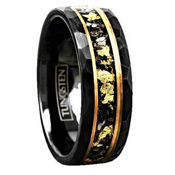 Tungsten Rings for Men Wedding Bands for Him Womens Wedding Bands for Her 8mm Black Meteorite Gold Flakes