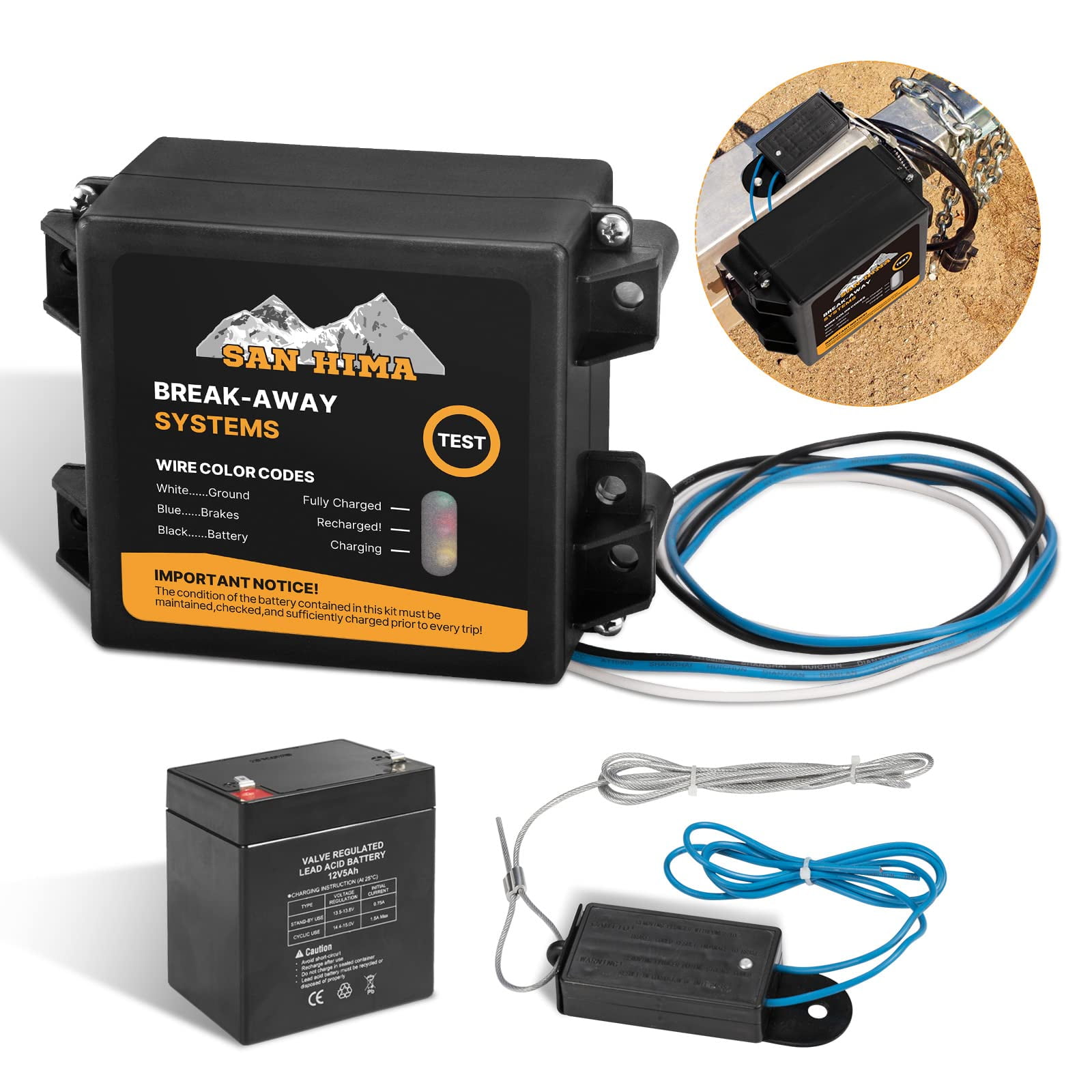 Trailer Brakes Breakaway KitLED Indicator, Switch, 12V 5AH Battery for