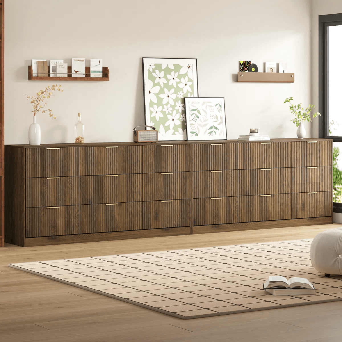 YouTrend 9 Drawer Dresser with for Bedroom,Modern Fluted Wood Chest of Drawer with Golden Embedded Handles for Living Room,Hallway