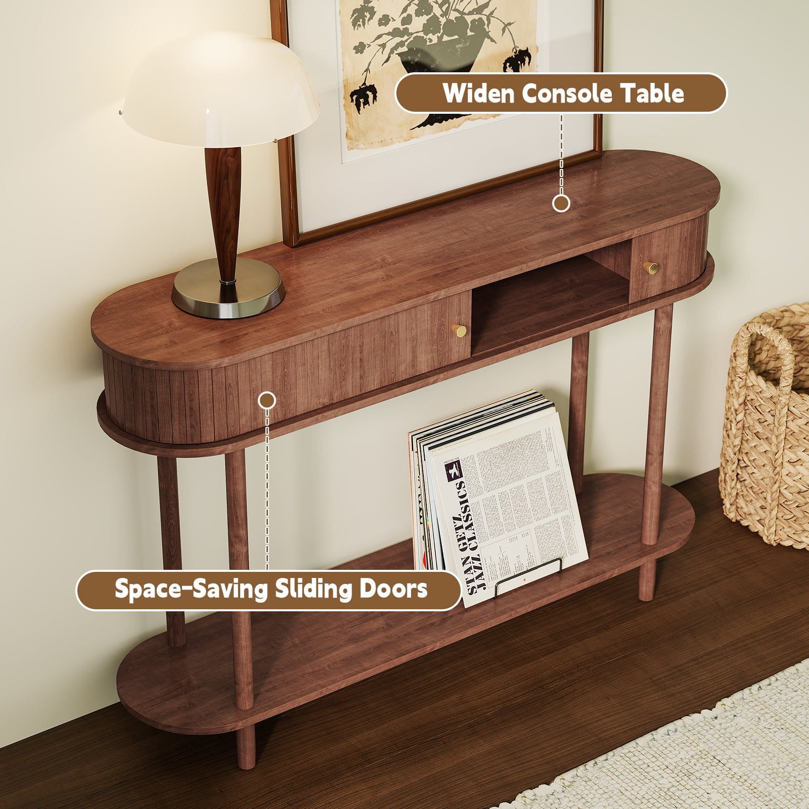HLR Mid Century Sofa Entryway Table, Console Table with Tambour Sliding Door for Living Room Hallway, Brown