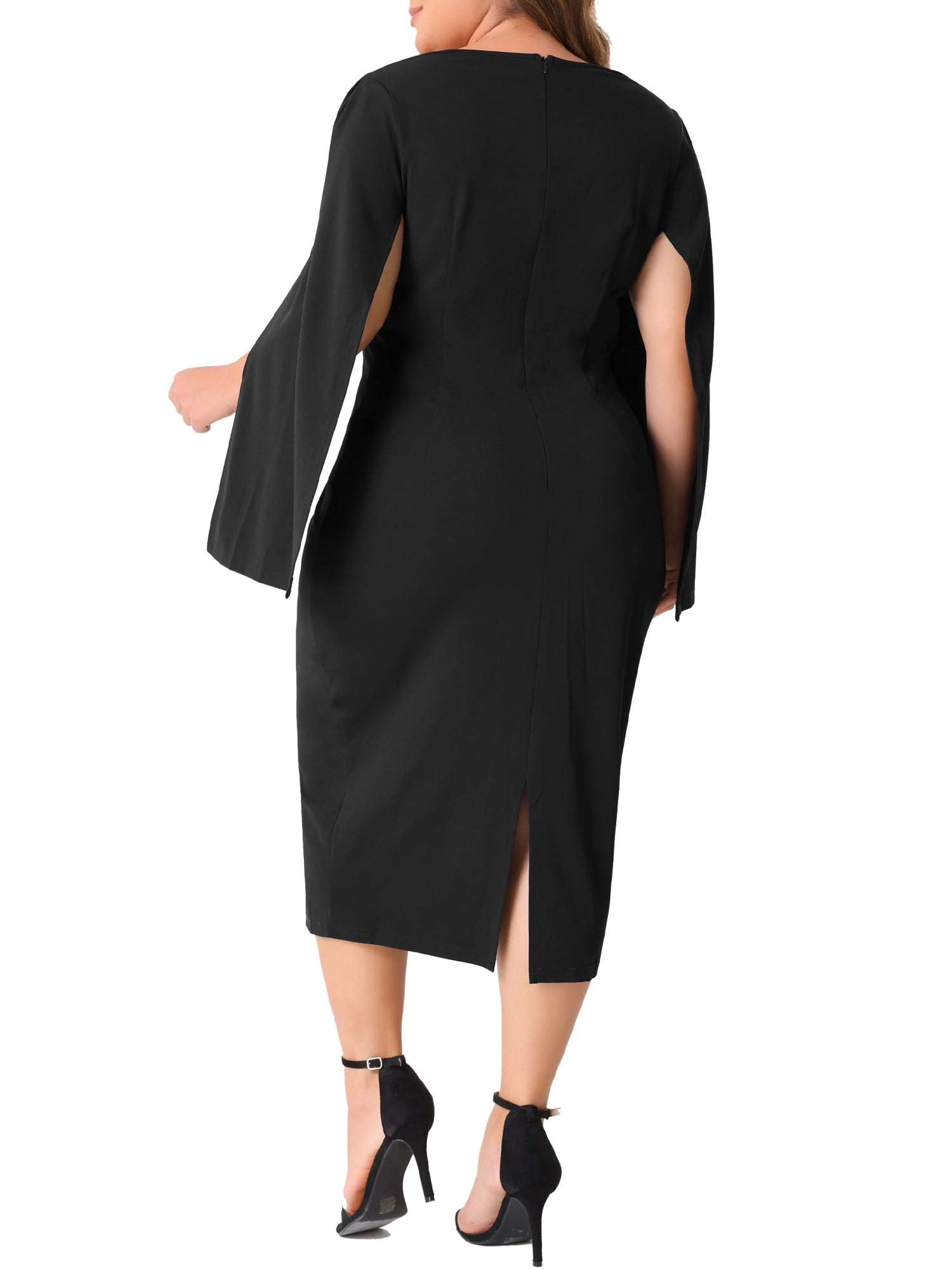 DARING DIVA Plus Size Square Neck Long Sleeve Back Slit Bodycon Dress 3X Black