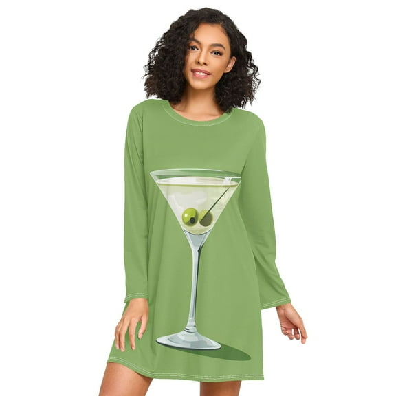 FORMRS Womens Long Sleeve Nightgowns Crew Neck Sleep Shirt Soft Pajamas Sizes S-3XL, Green Martini Glass