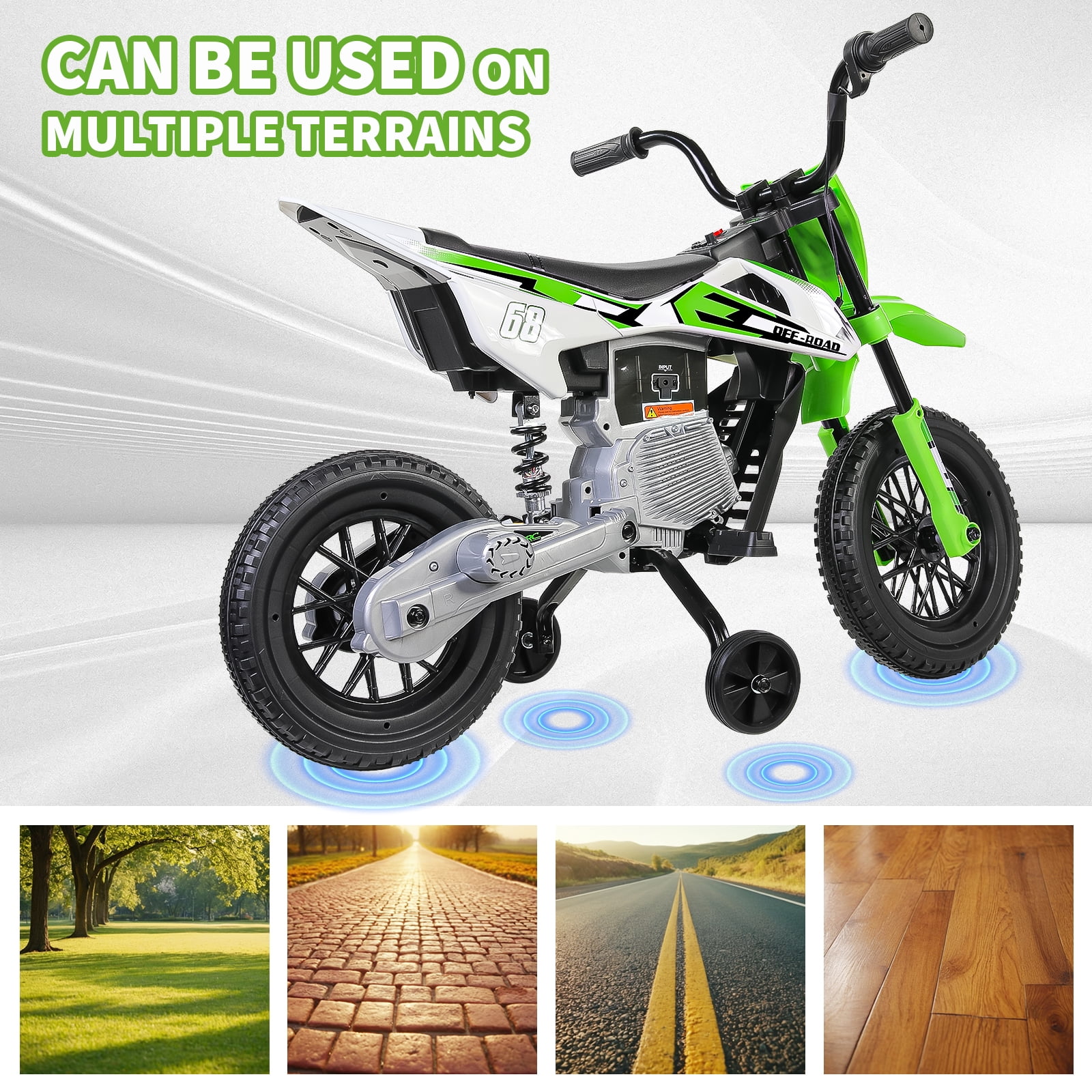 Funcid 12V Electric Dirt Bike with Twist Grip Throttle, Ride on Motorcycle with 2 Training Wheels, Suitable for Ages 3-8, Bluetooth, MP3, Dual Motors, Spring Suspension