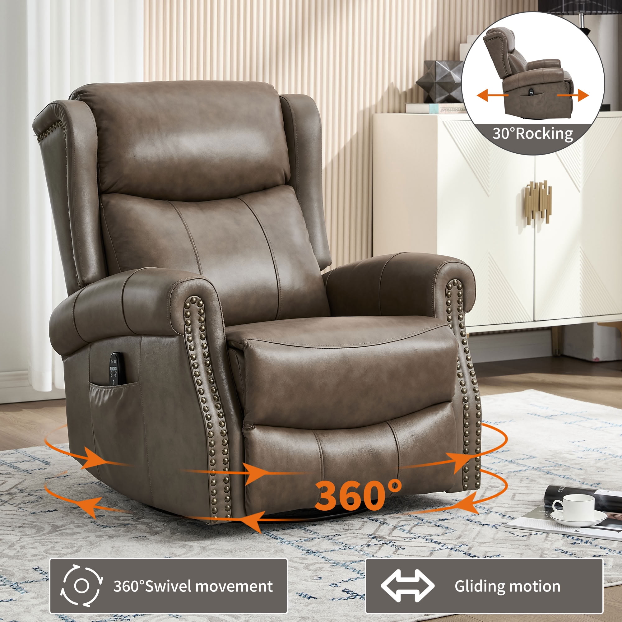MAYEERTY 360 Degree Swivel Rocker Recliner Chair, Genuine Leather Manual Recline Glider Armchair with 8-Point Vibration Massage & Lumbar Heat, for Living Room Home Theater