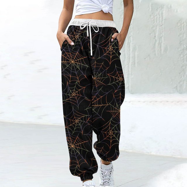 Teissuly Nouvelle Arrivée Pantalon de Survêtement pour Femmes Mode Halloween Toile d'Araignée Imprimée Taille Élastique Cordon de Serrage Bas Resserré Pantalon Décontracté à la Cheville avec Poches, Taille P-2TG