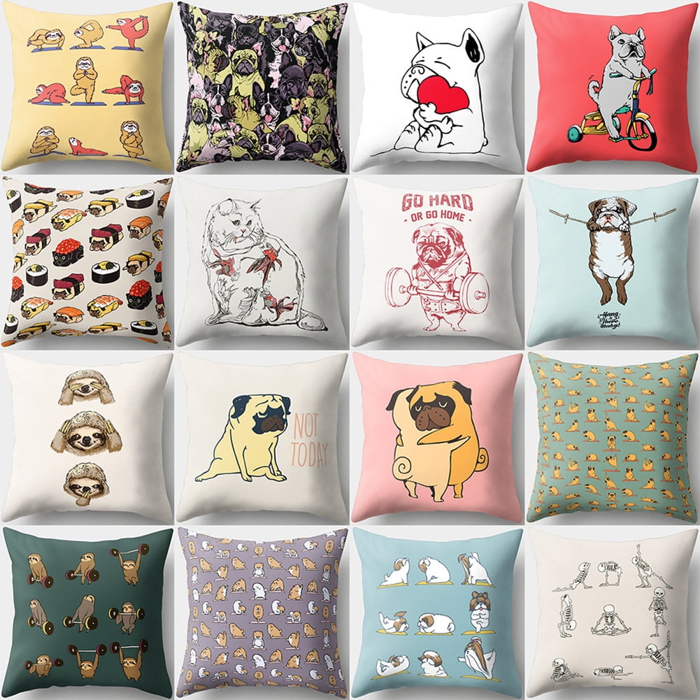 Cartoon Pet Dog Printed Short Plush Pillow Case Sofa Cushion Cover Home Decor 