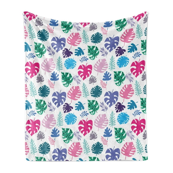 Hawaii Soft Flannel Fleece Throw Blanket, Colorful Pattern with Tropical Leaves on Plain Background Summer Aloha, Cozy Plush for Indoor and Outdoor Use, 50" x 60", Multicolor, by Ambesonne