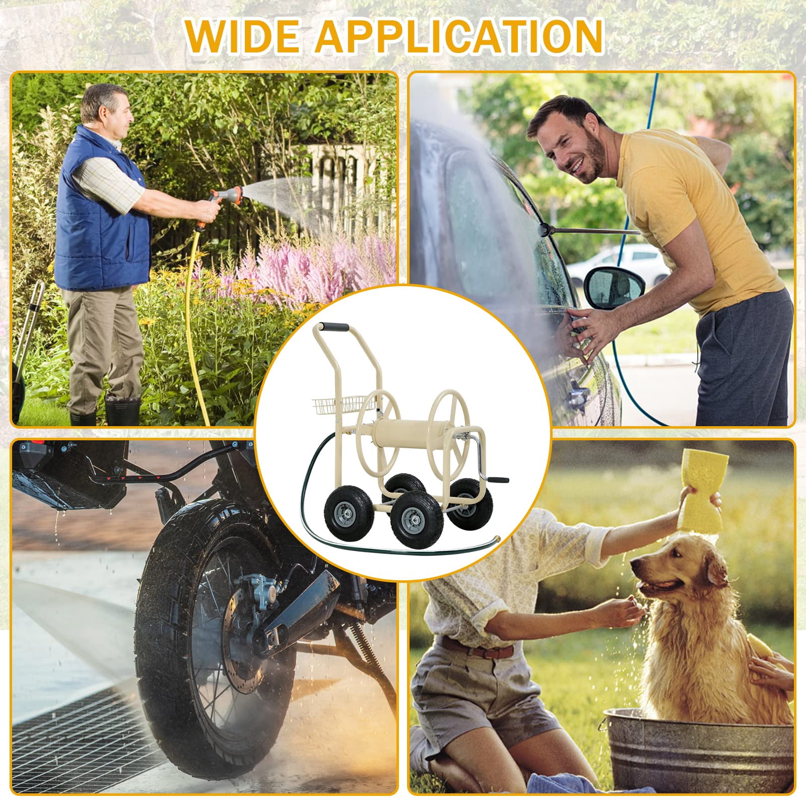 Garden Hose Reel Cart,  Hose Reel Cart with  4 Wheels, Heavy Duty Outdoor Water Planting Truck with Storage Basket (Tan)