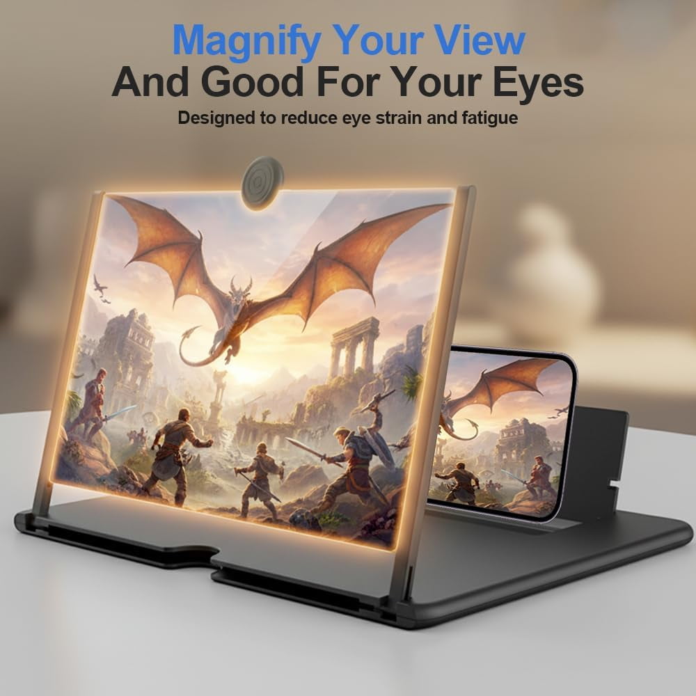 Mobile Phone Magnifier Screen, 3D HD Magnifying Projector Screen Enlarger for Movies, Videos and Gaming, Foldable Phone Stand with Screen Amplifier, Compatible with All Smartphones