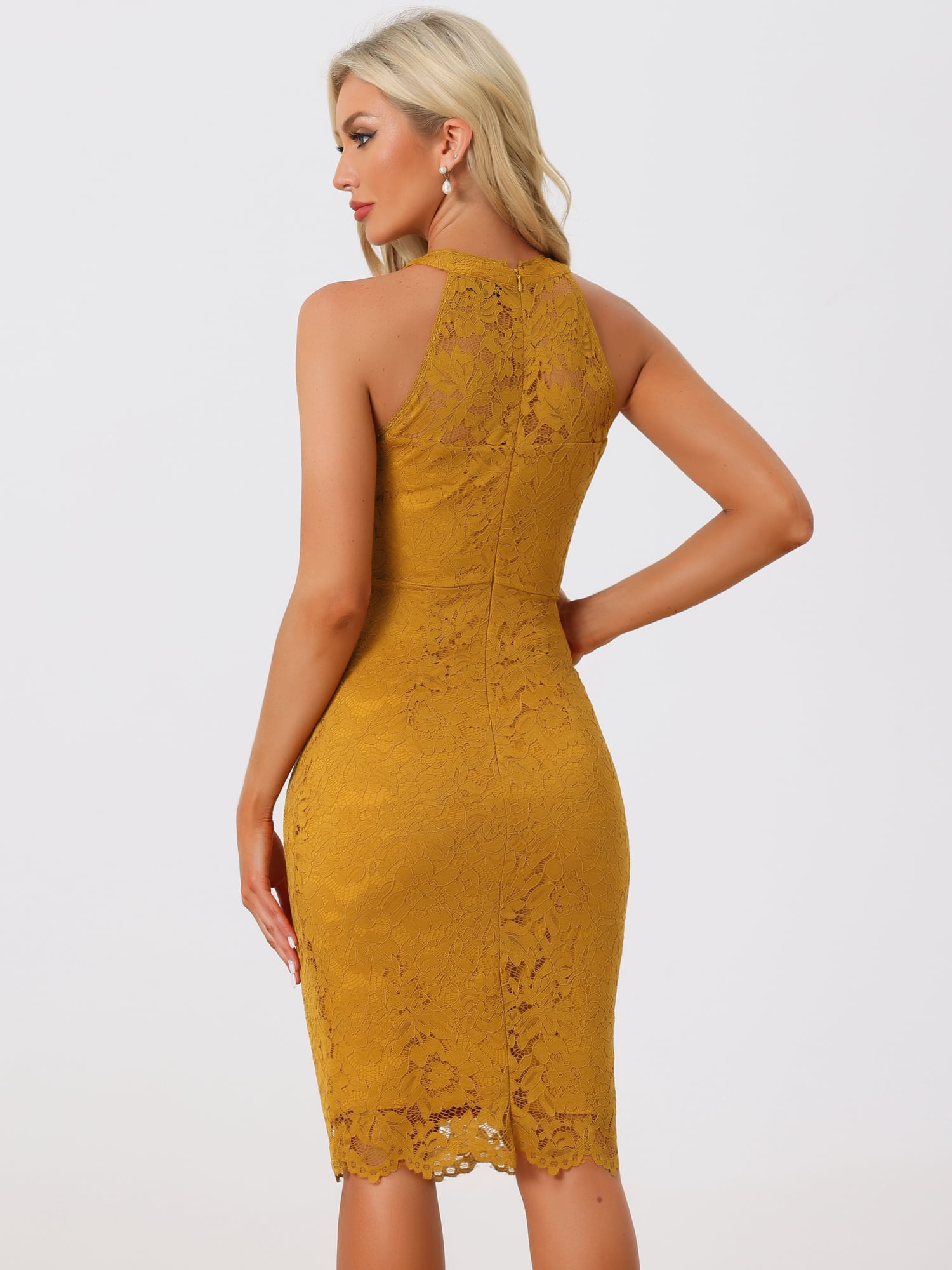 DARING DIVA Lace Halter Neck Sleeveless Bodycon Cocktail Sheath Dress M Dark Yellow