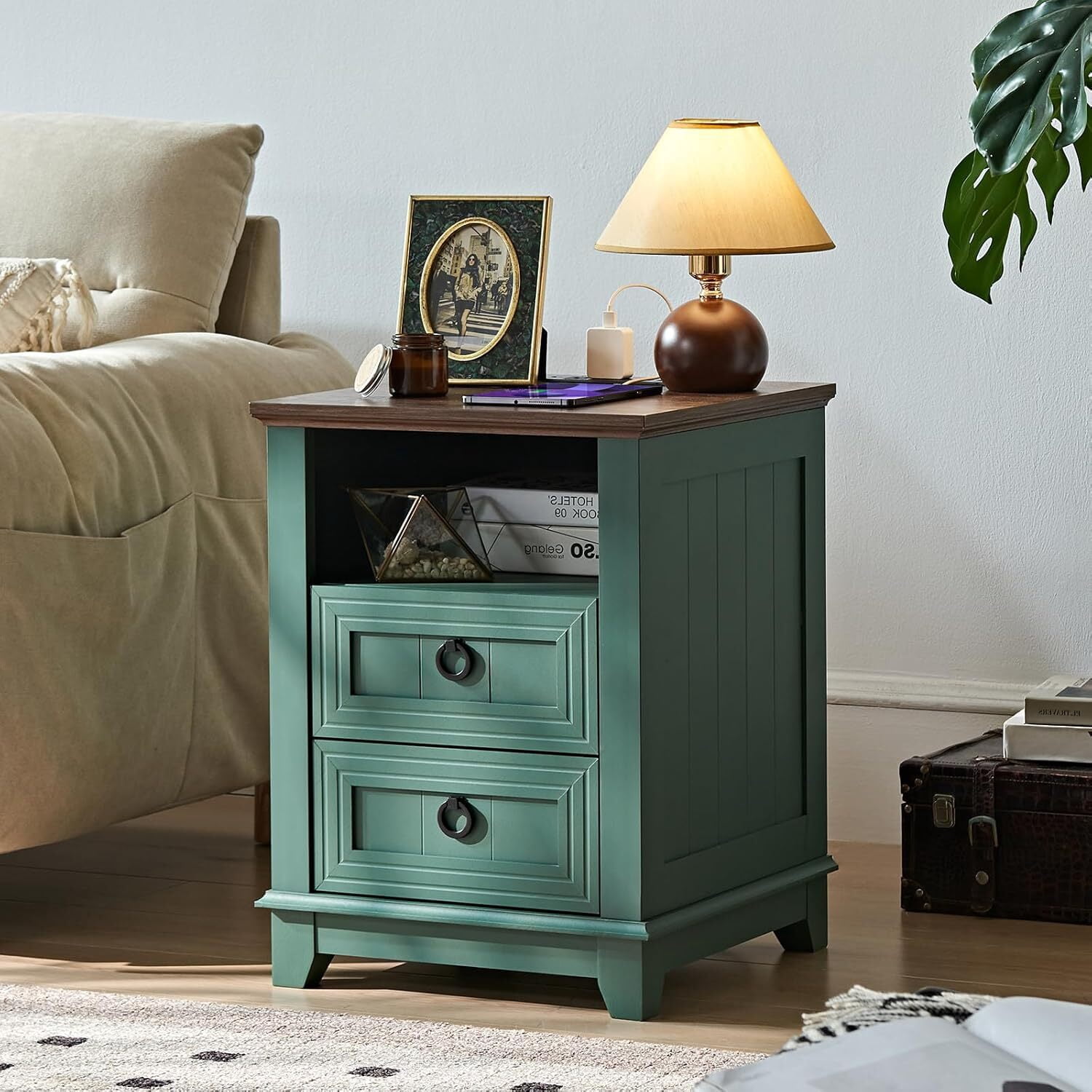 2 Pcs Joaxswe Farmhouse 18" Nightstand with Charging Station, Rustic Metal Wood End Tables with 2 Drawers, Adult Side Tables for Living Room, Green