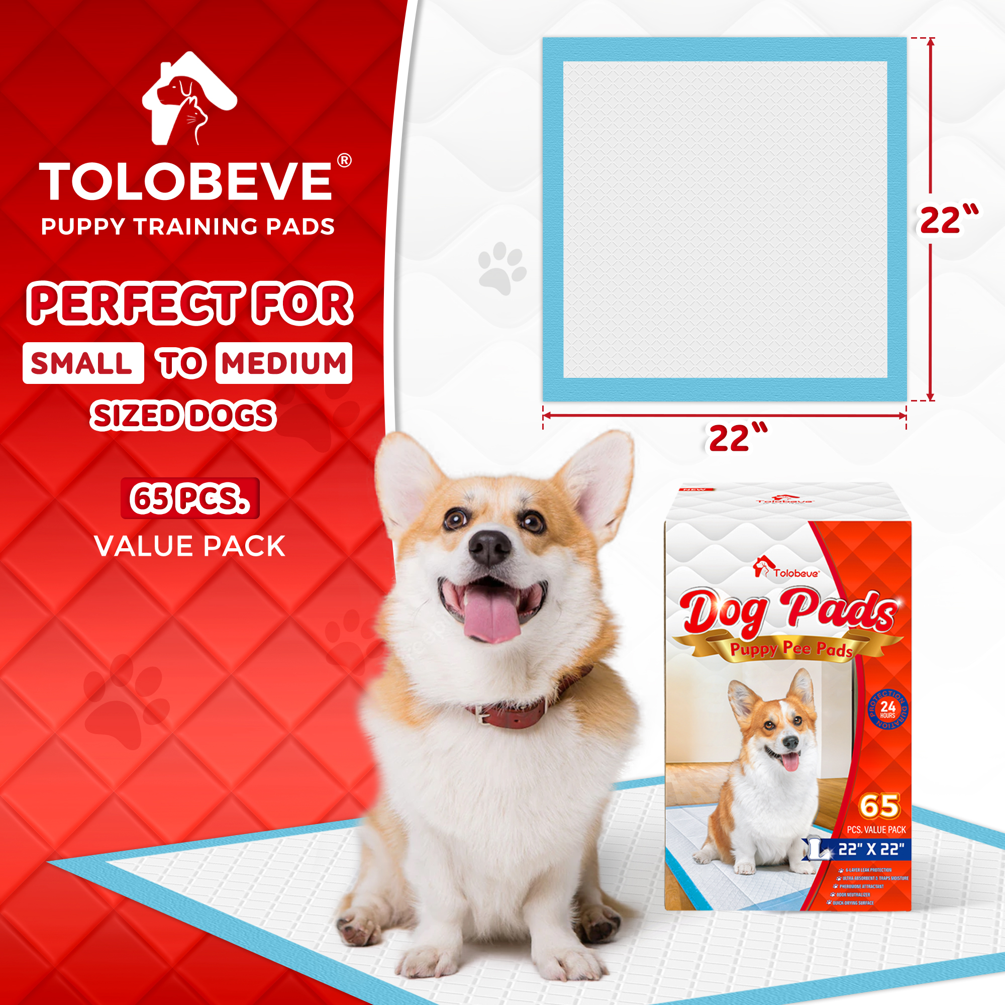 Tolobeve Puppy Training Pads, Large 22x22 In, 65 Count photo 2