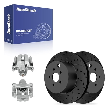 AutoShack Rear Brake Rotors & Calipers for INFINITI & Nissan, G37 2011-2013 370Z 2010-2020, AWD RWD V6 3.7L - E-Coated Drilled & Slotted - Black Finish - NightGuard - 12.11" (307.7 mm), 5-Lug