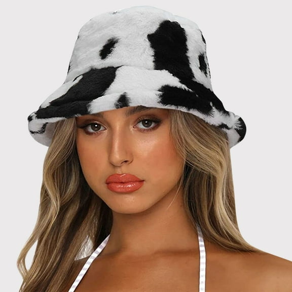 Dyfzdhu Winter Printed Thick Bucket Warm Hat Cap Bucket Hat for Women Men Black