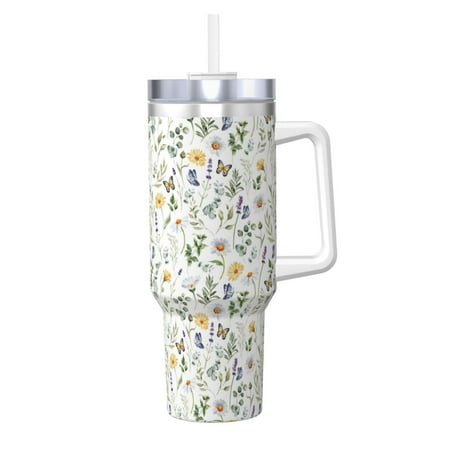 

Susaid Watercolor Wildflower 2 Print Indoor Outdoor Straw Lid 40oz Ice Bully With Handle Stainless Steel Cup for Home Office and Car