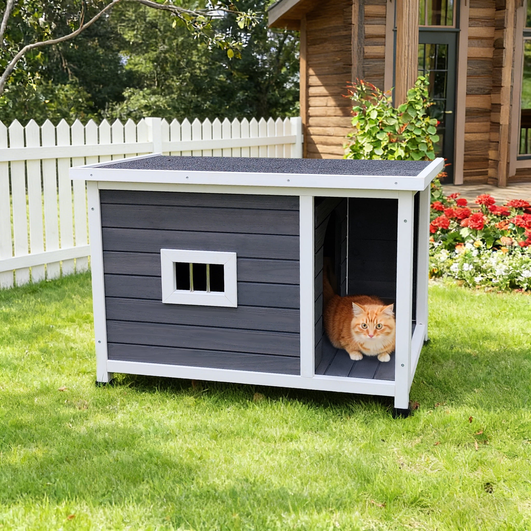 Outdoor Gray Cat House with Waterproof Roof, Ventilated Windows, and Sturdy Metal Support, Pet Shelter for Cats