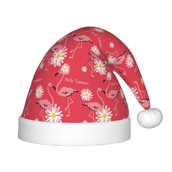 Haiem Hello Summer Flamingo Pattern Santa Hat Confortable Velvet Christmas Hat for Christmas Party Favors Fit for Adults and Kids