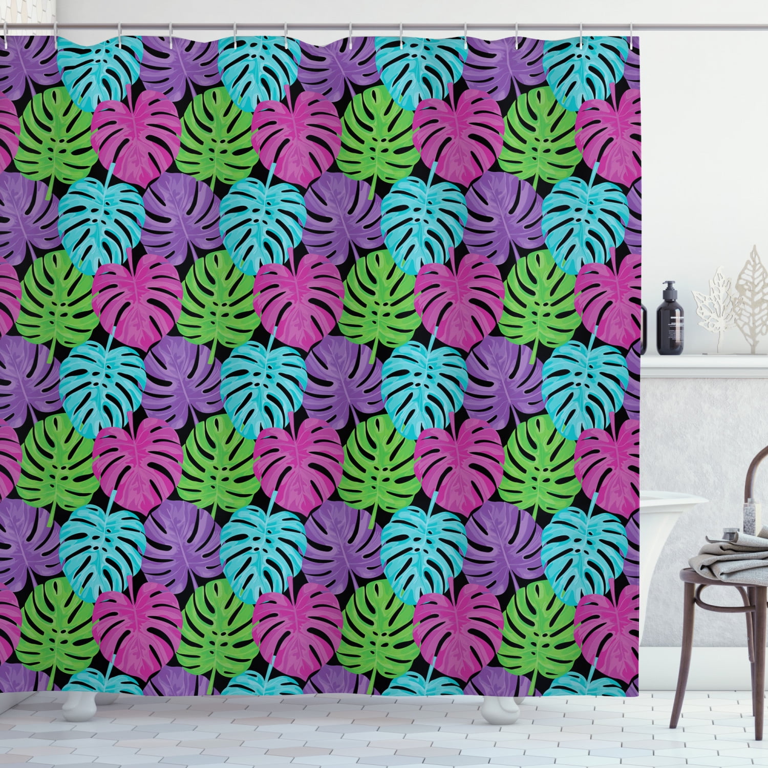 Crazy Shower Curtain, Rainbow Colored Composition of Tropical Foliage