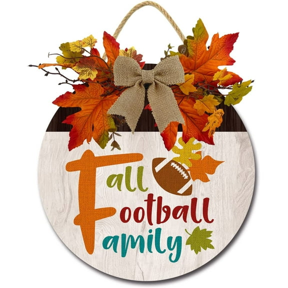 Eveokoki 12" Fall Football Family Signs for Front Door Farmhouse Porch Yard Rustic Round Wooden Hanging Wreaths for Housewarming Gift Autumn Decoration Outdoor Indoor Wall Decor