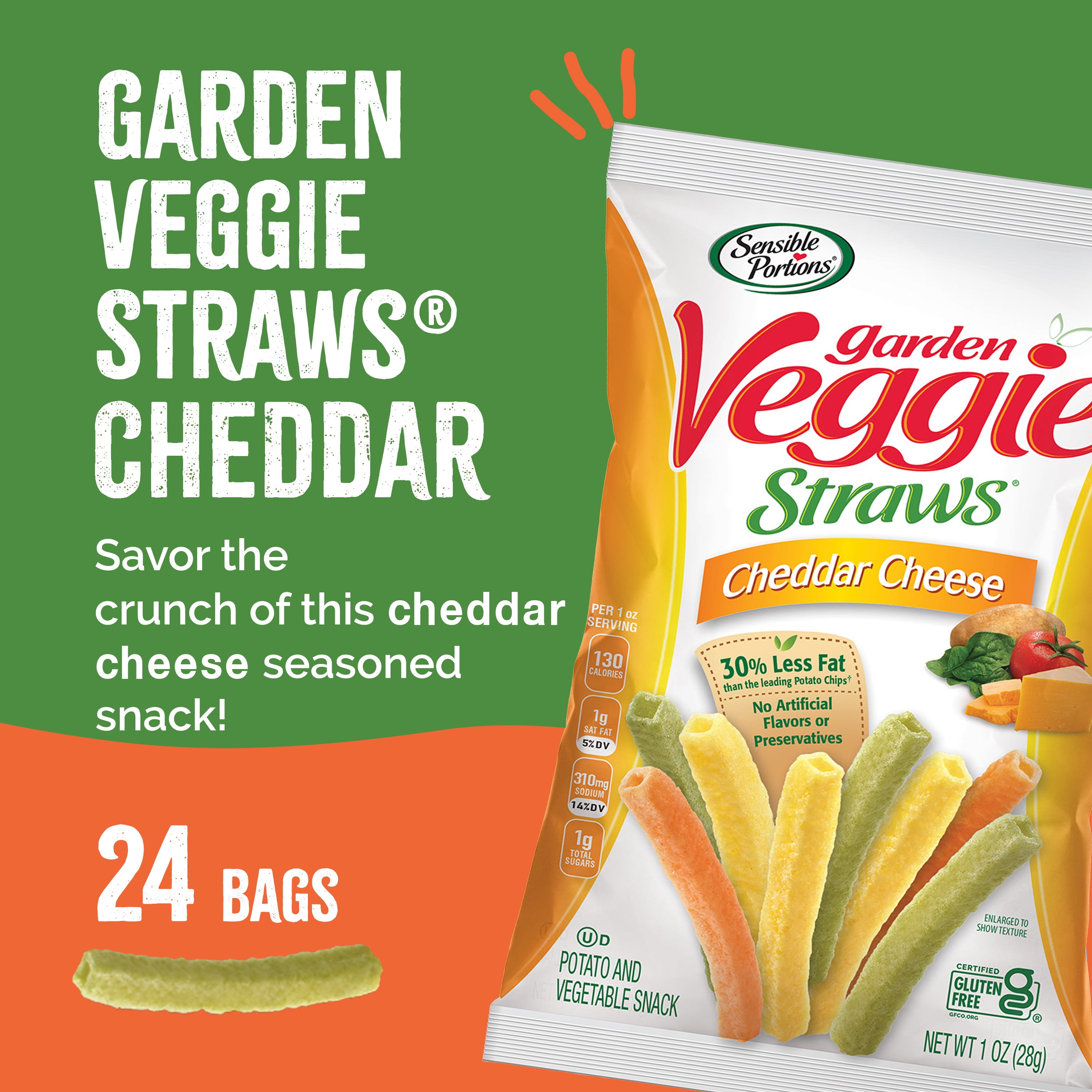 Sensible Portions Garden Veggie Straws Cheddar Cheese Multipack, 1 oz Snack Bag, 24 Count