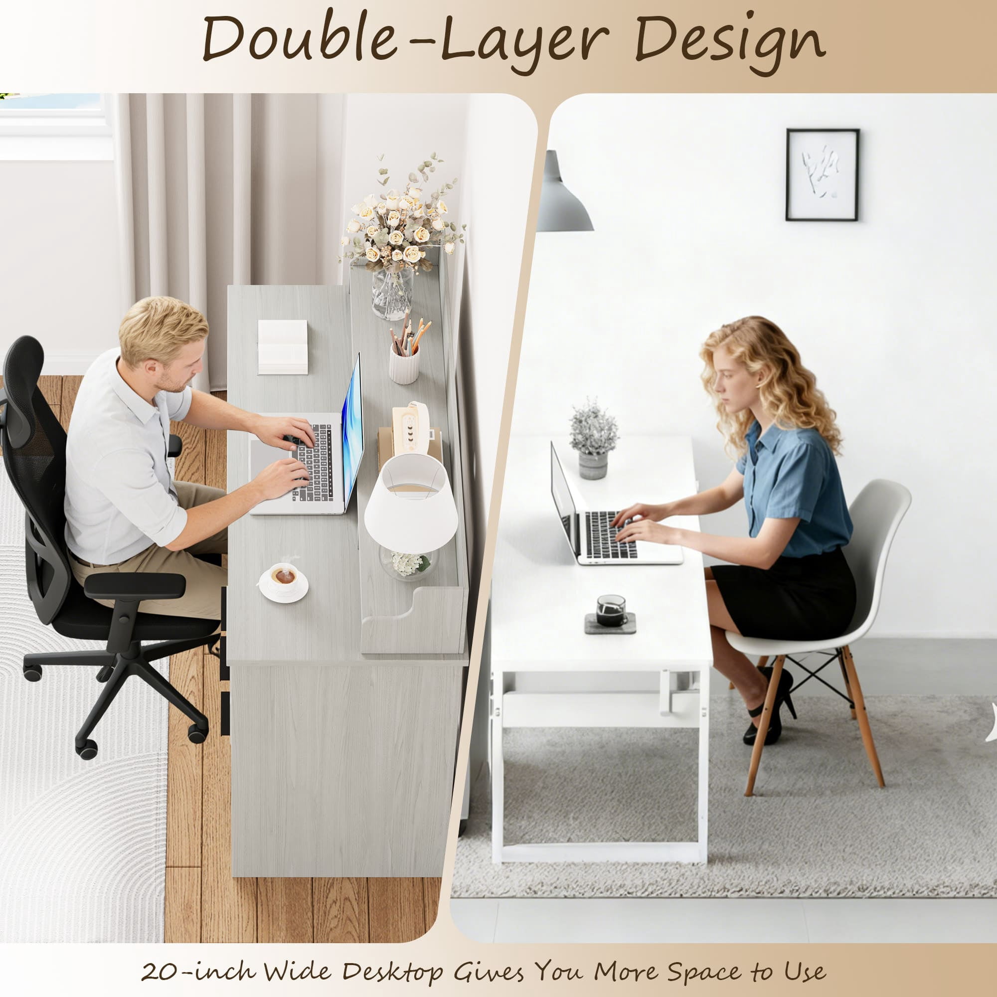 4 EVER WINNER Small Wood Desk with Drawers, File Cabinet & Monitor Stand, Home Office Computer Writing Desk for Bedroom, Off White