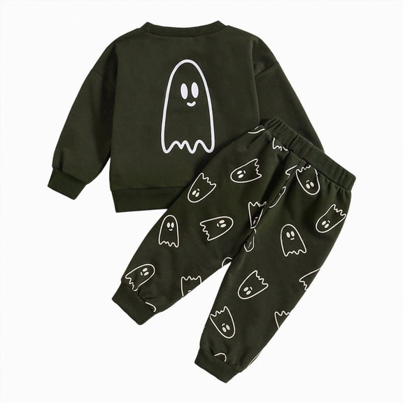 NOLDARES Toddler Baby Boy Halloween Outfit Long Sleeve Ghost Shirt Pant Clothes Set Sweatshirt and Pants Set Fall Clothes(Dark Green,18-24 M)