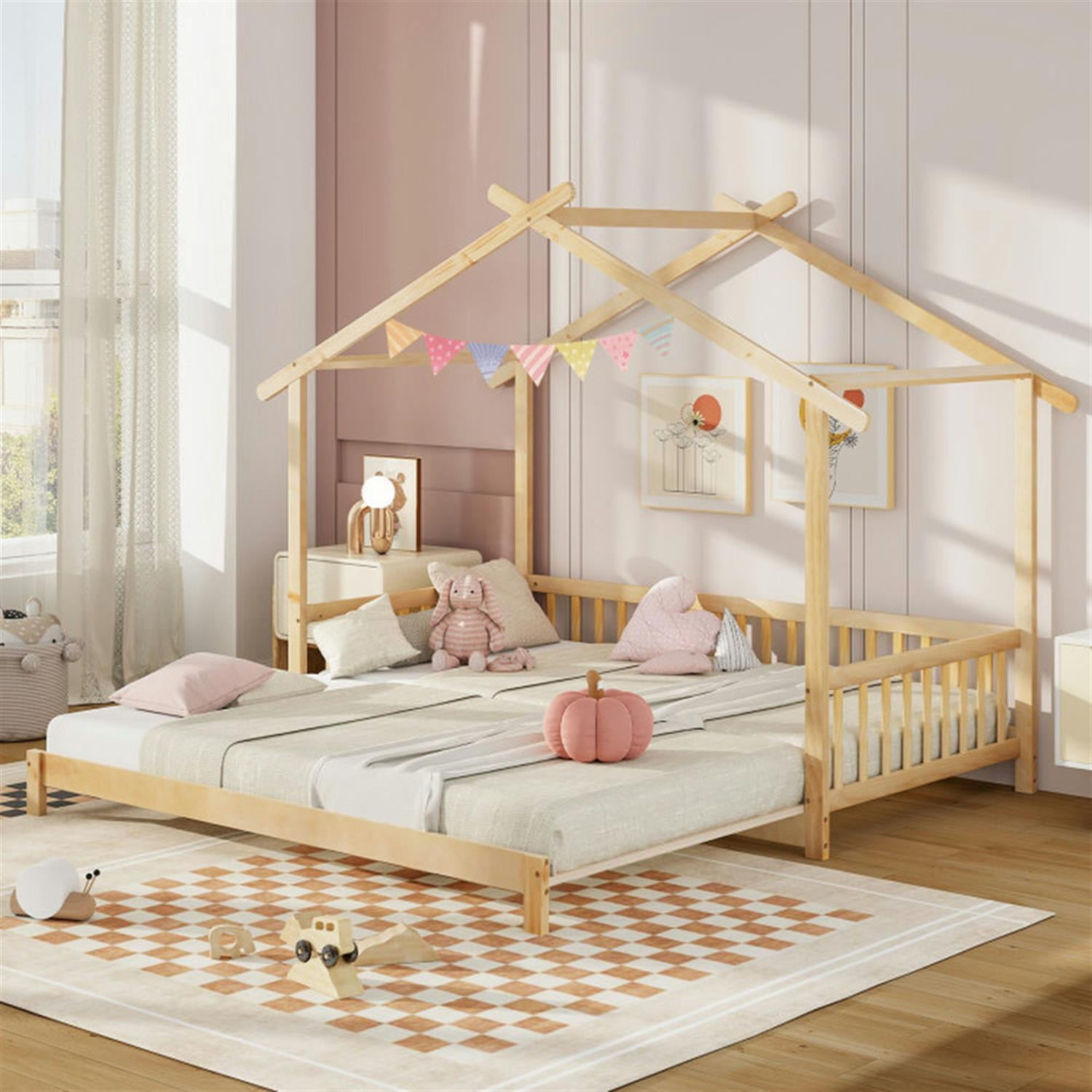 Demi Bonn Extendable House Bed Twin to King Daybed with Roof and Fence Rails, Modern Platform Bed Frames for Teens, Beige